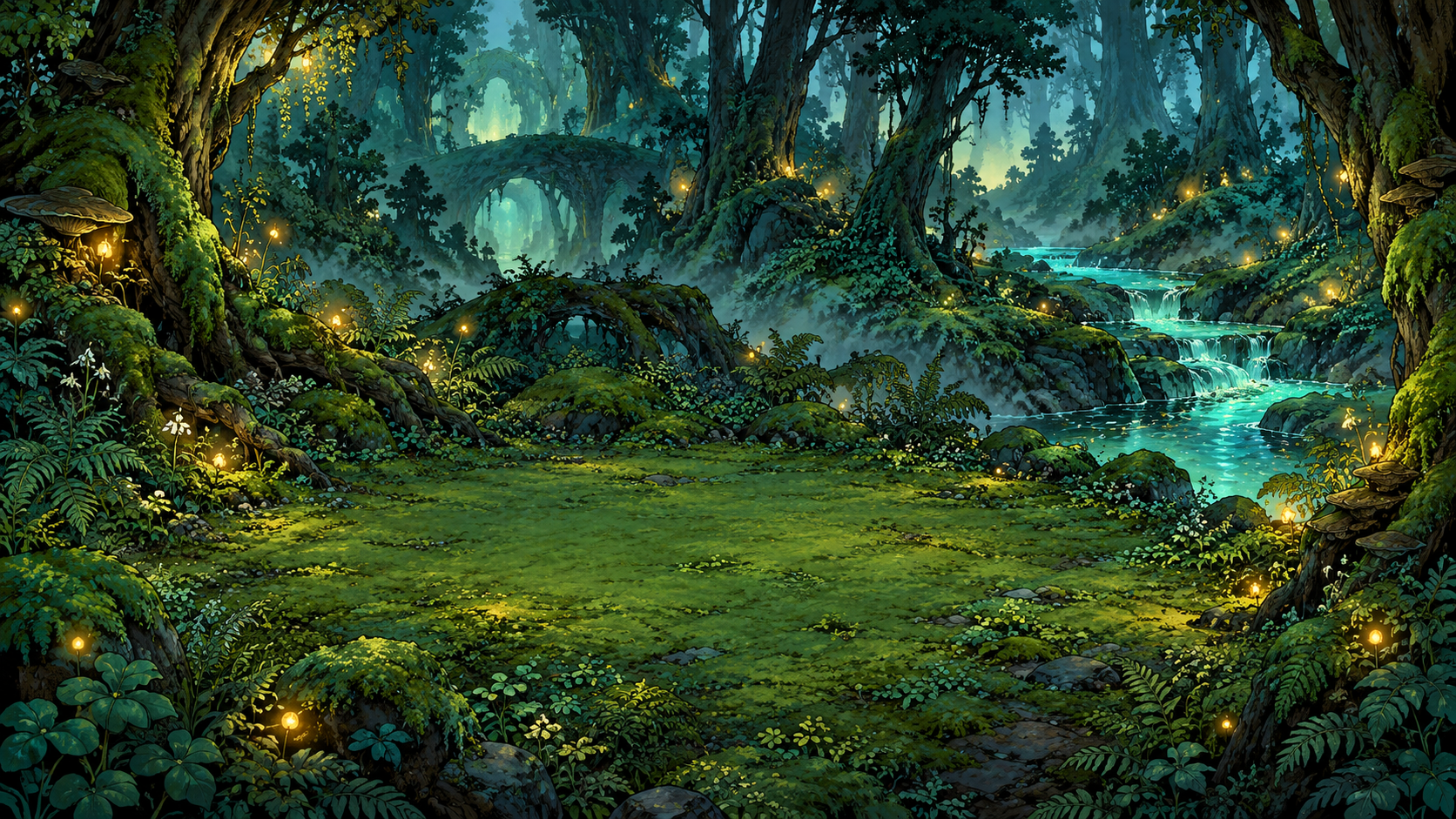 An enchanted forest garden beside a luminous stream