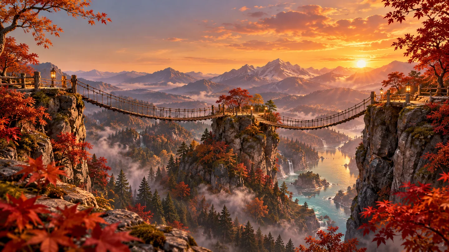 Lantern-lit autumn bridges over a misty mountain valley