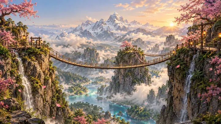 Blossom and soft mist over a spring river valley